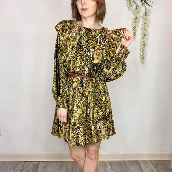 BA&SH Sym trapeze shift dress ochre ruffled bib front snakeskin print 2730 - Picture 4 of 14